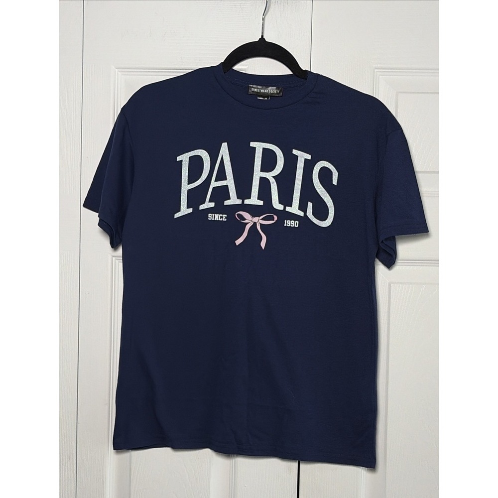 Streetwear Society Paris Bow Graphic Tee Womens Size XS Navy Blue Y2K Cotton Mix